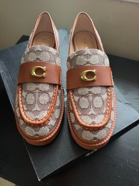 Coach Brown/Tan Signature Canvas Leather Loafers with Gold C Hardware